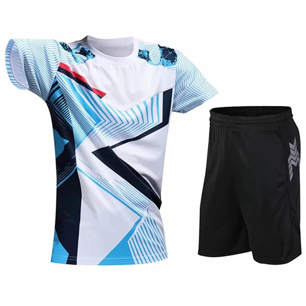 Sommer 3D Tennishemd, Badmintonhemd, O-Ausschnitt Mode Lässiges Shorts-Set, Tischtennishemd-Set für Herren und Damen, Tischtennis-Anzug XXXL white