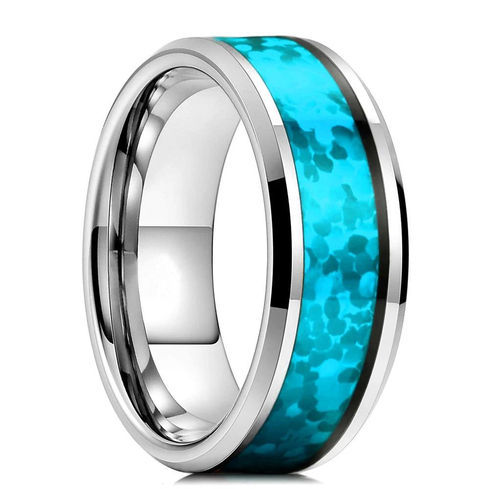 Mode 8mm Männer Kupferfarbe Edelstahlringe Einlage Imitation Blauer Opal Verlobungsringe Für Männer Frauen Ehering Schmuck 11 blue