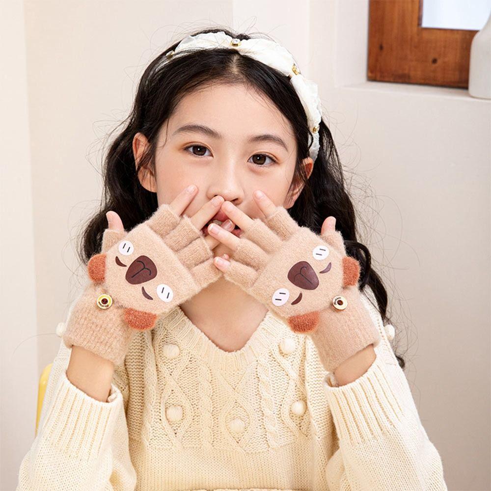 Verdickte Halbfinger-Klapphandschuhe für Studenten, Nerz-Fleece, Weihnachtsgeschenke, Kinder-Winterhandschuhe für Jungen und Mädchen Capybara-Coffee