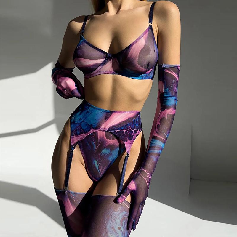 Sexy Damen Dessous Ins Tie-Dye Unterwäsche Fünfteiliges Set Damen Babydoll Bikini Anzug mit Ärmelstrümpfen Bodysuit Weibliche Nachtwäsche L violett