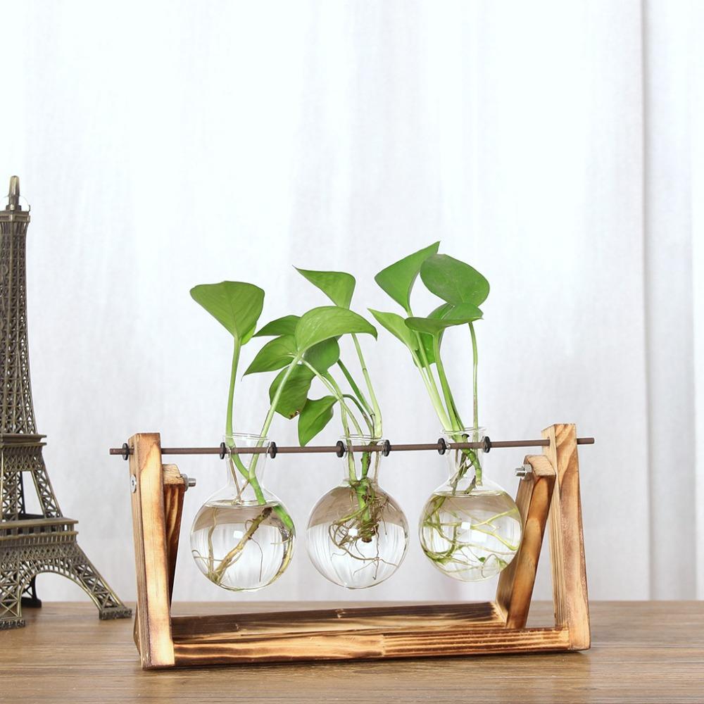 Vintage Holzrahmen Vase Pflanze Terrarium mit Holzständer Glasvase Desktop Glaspflanzgefäß für