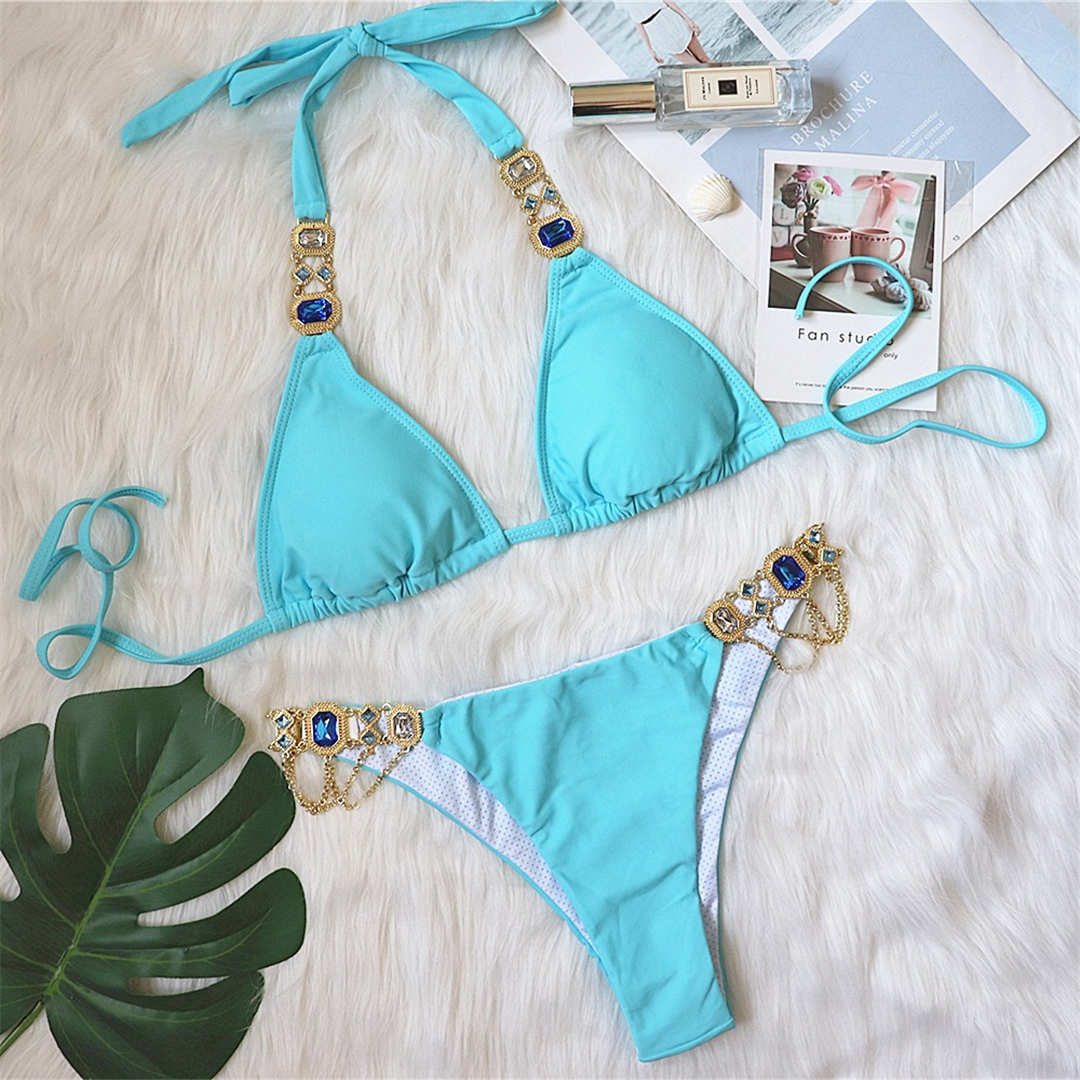 Schlangenhaut Neckholder Bikini Damen Bademode Damen Badeanzug Zweiteiliger Bikini Set Shiny Diamond Bather Badeanzug S blau