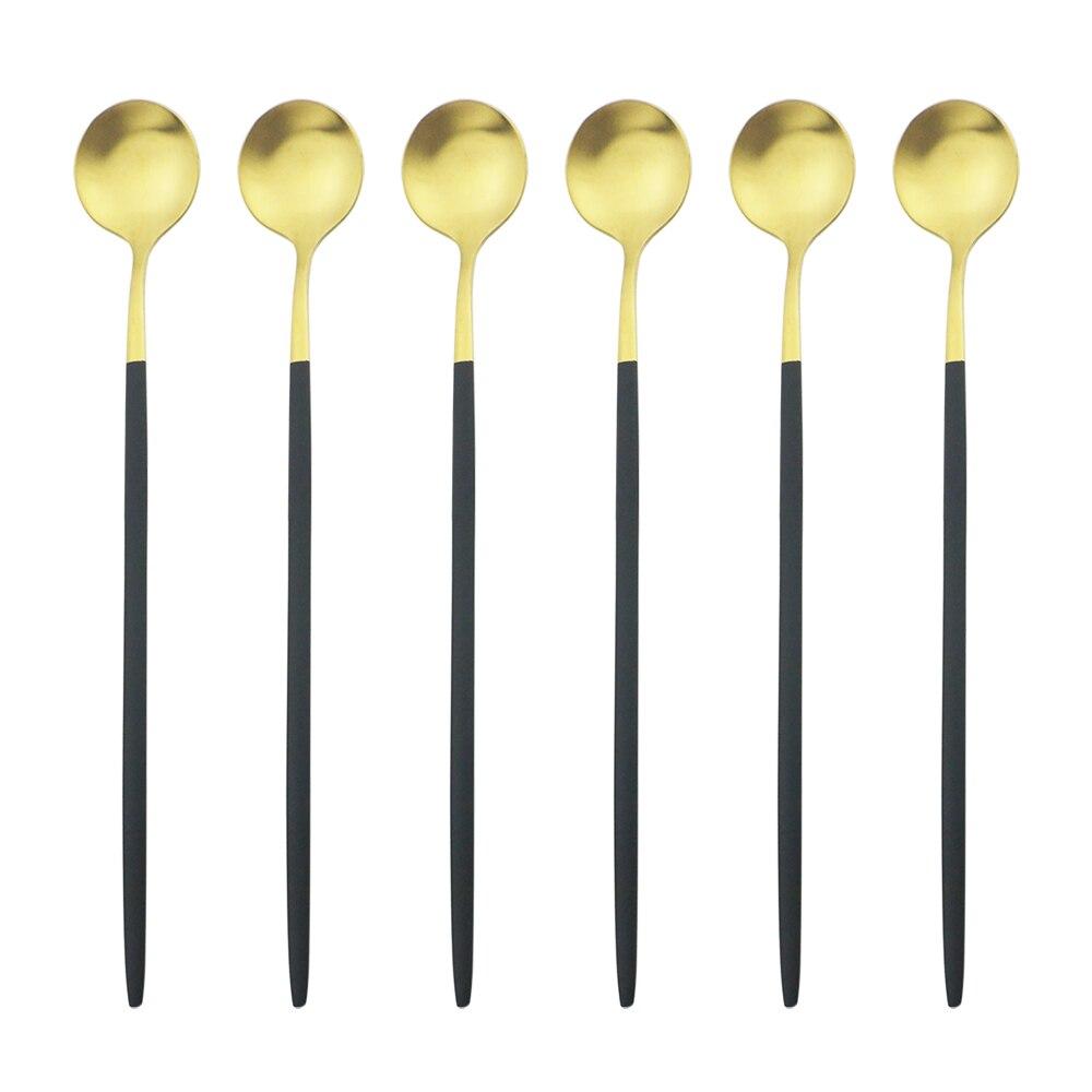 6-teiliges Gold-Löffel-Set mit langem Griff, mattierter Edelstahl, poliert, zum Rühren, für Getränke, Eis, Dessert, Teelöffel, Geschirr schwarz/gold