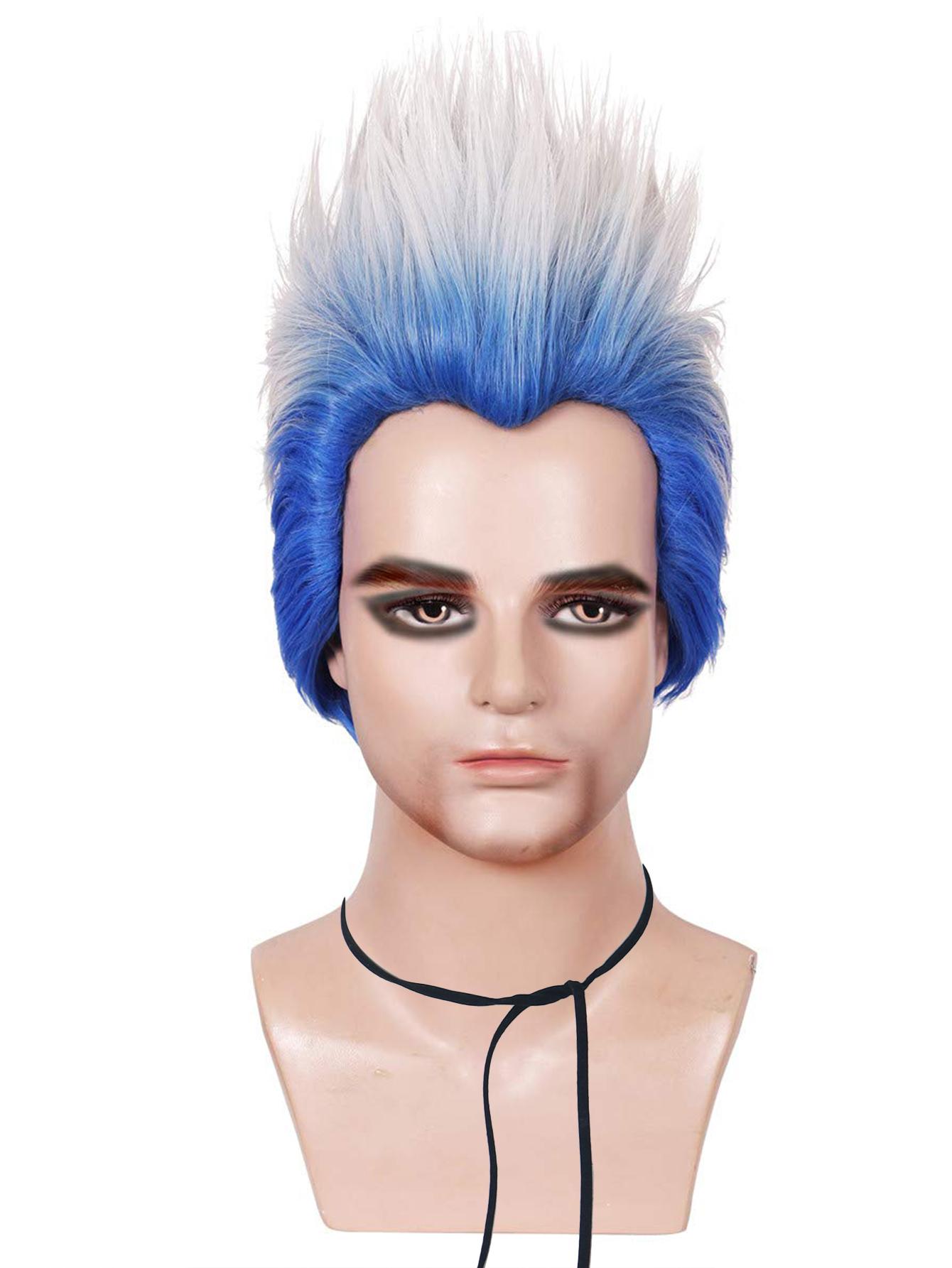 Synthetische Universelle Anime Cosplay Perücken, Hitzebeständige Perücken, Stachelige Gestufte Kurze Gerade Haarperücken für Party Halloween Perücke as the picture-12inches blue