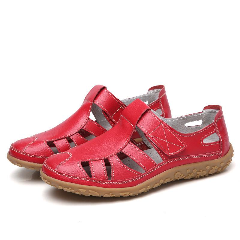 Damen Ledersandalen Lässige Sommer Sandalen mit geschlossenem Zeh Strand Sandalen Flache Bequeme Sneaker 45 rot