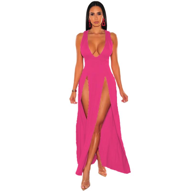 Neuheiten Damen Sexy High Split Kleider Ärmellos Tiefem V-Ausschnitt Hoher Schlitz Lange Party Bodycon Rote Sommerkleider XS rose rot
