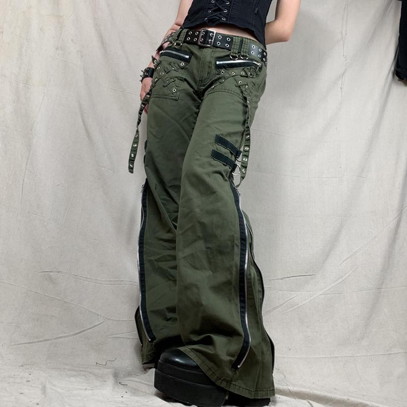 Verband Niedrige Taille Cargo Hosen Gothic Punk Baggy Retro Kawaii Hosen Grunge Grün Zipper Jeans Frauen Koreanische Jogginghose S armee grüne