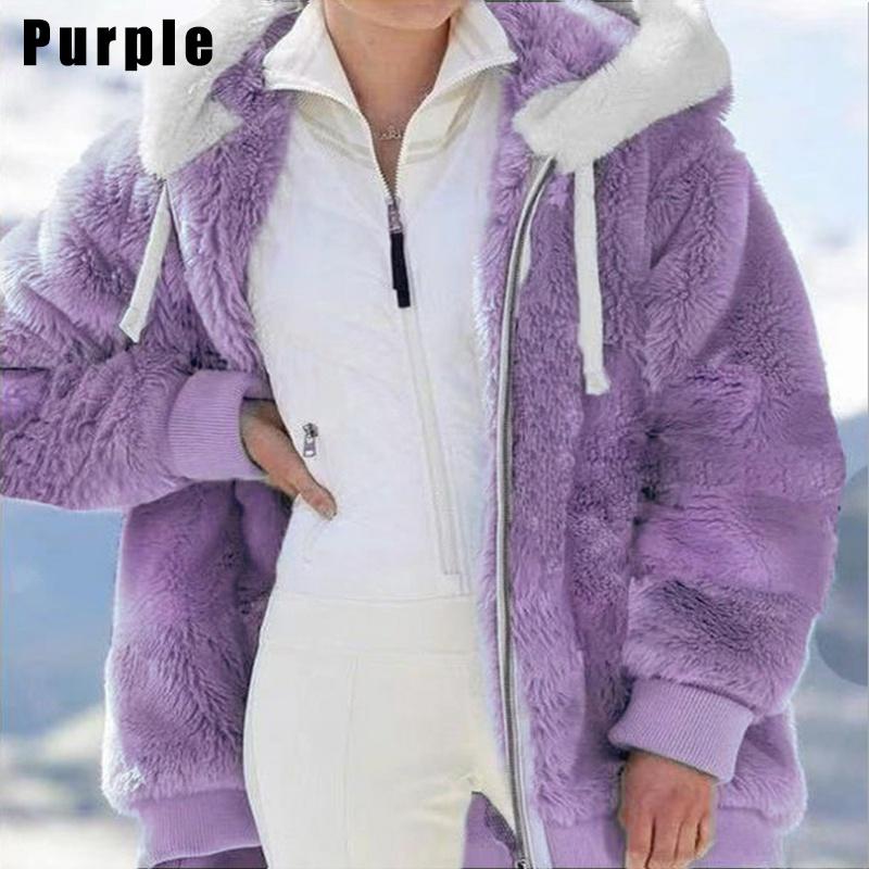Neu Winter Damen Jacke Mit Kapuze Warme Plüsch Lose Mantel Damen Winter Jacke Faux Pelz Zipper Damen 5XL violett