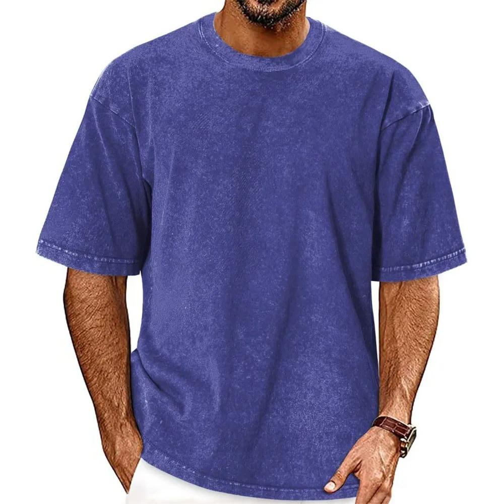 Herren Vintage Washed T-Shirt Baumwolle Atmungsaktiv Oversize Lässige Oberteile Einfarbige Herren Lockerer Schnitt Gemütliche T-Shirts Mode Streetwear M blau