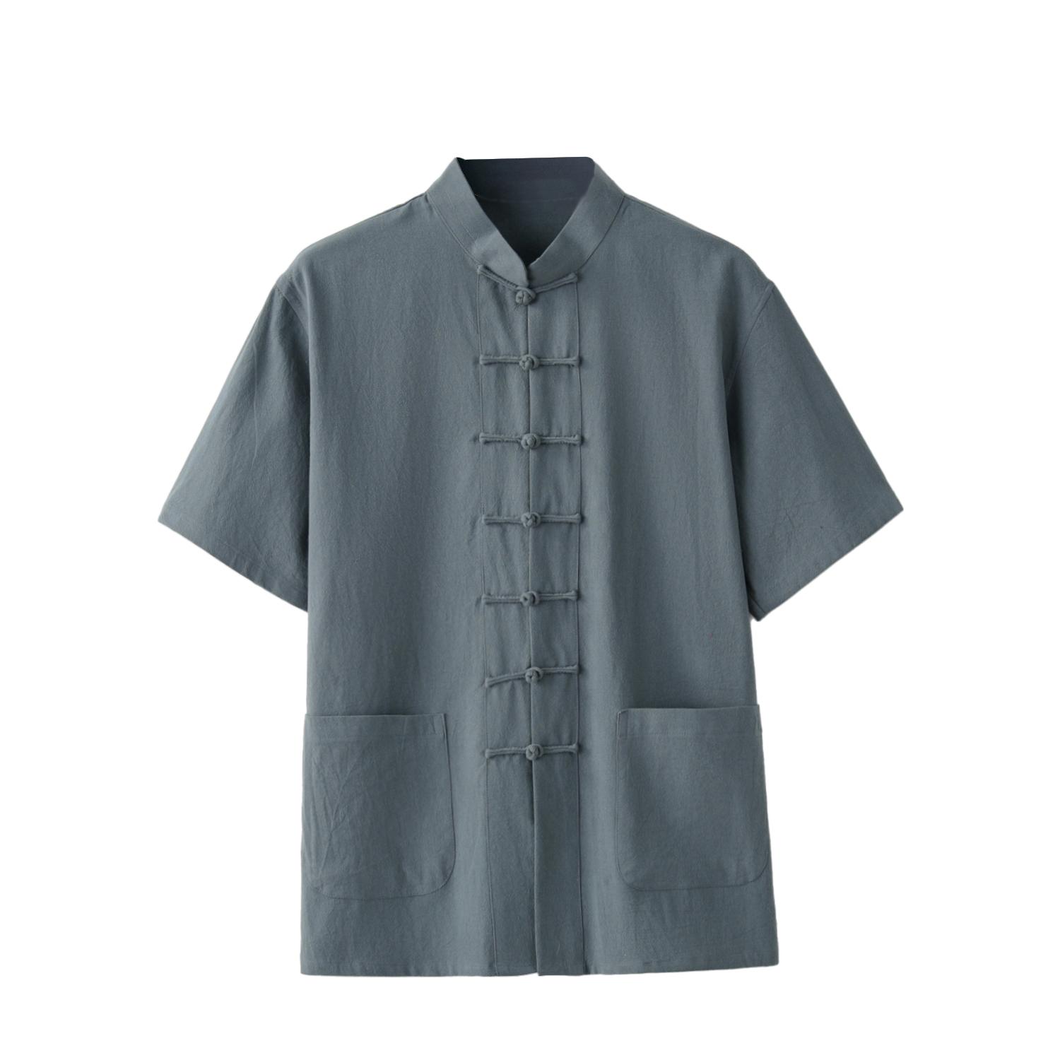 Traditioneller Kleidungsstil Kurzarm Tai Chi Reines Baumwollhemd Tang-Anzug Uniform für Männer Kung Fu Tang Zhuang Männliches Oberteil 4XL blaugrün