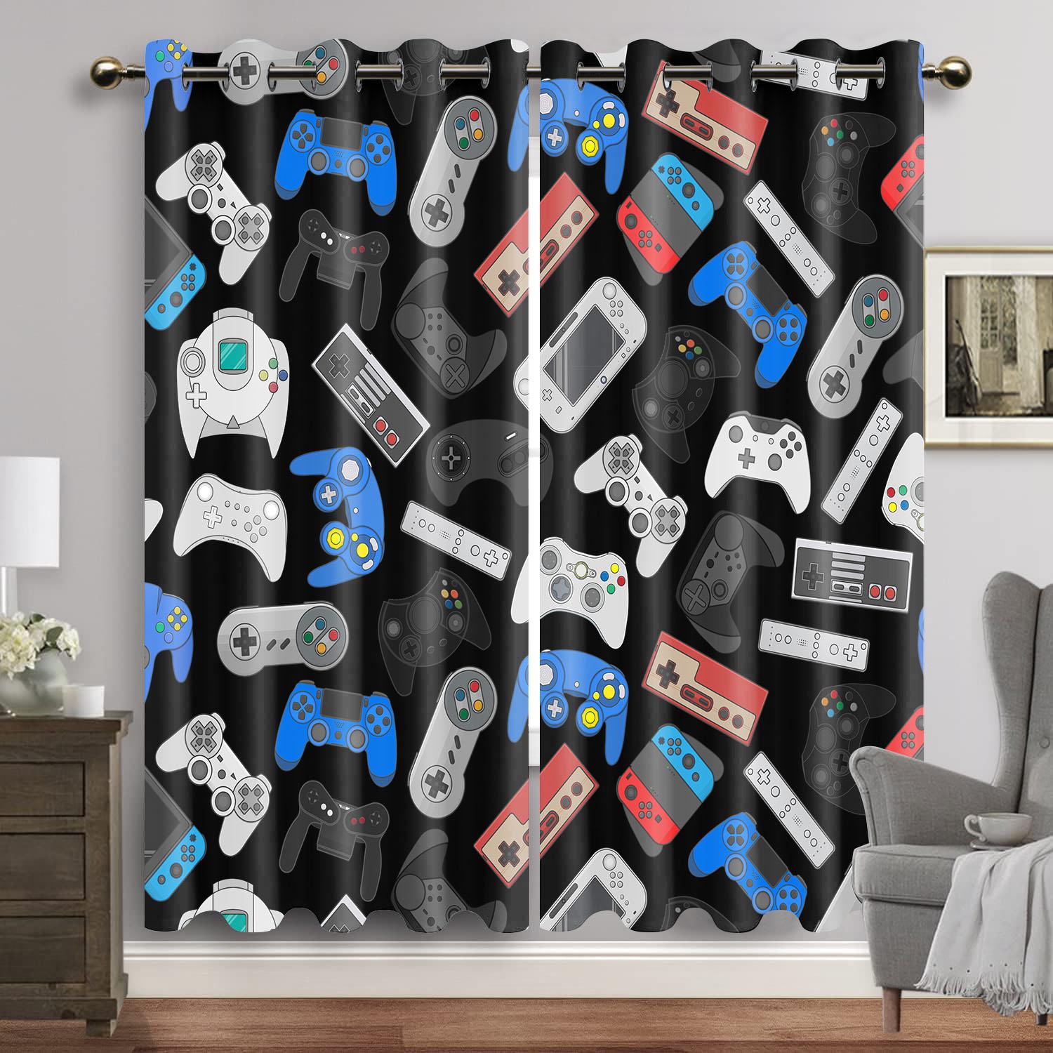 Gamer-Vorhänge für Jungen-Schlafzimmer, Gaming-Zimmer-Dekor, Fenstervorhänge, Videospiele spielen, Fenstervorhänge, 2-teilig, Ösen oben mit Haken 2x50W130H(CM)&Grommet Top