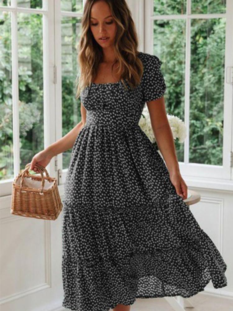 Vestidos Vintage Vintage Print Puff Sleeve sommer Strand süße kleider Casual Quadrat kragen floral maxi langes kleid festa S