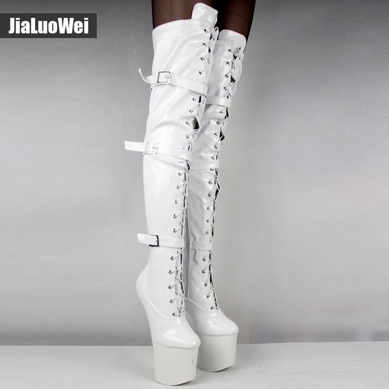 Oberschenkelhohe Stiefel JIALUOWEI 20 cm Plattform mit extrem hohen Absätzen zum Schnüren, Fetisch, ohne Absatz, Pferd, Hengst, Hufsohle, Overknee-Stiefel, hohe Stiefel im Schritt 39 weiß