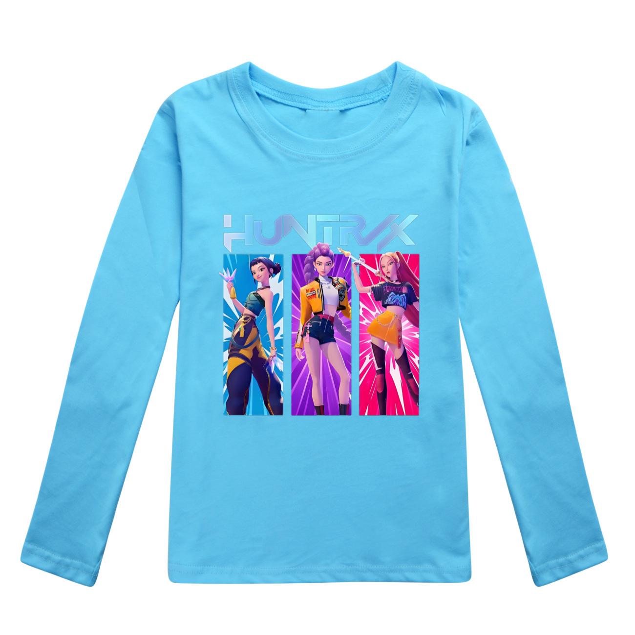 K Pop Dämonenjäger Langarm T-Shirts Rumi Mira Zoey Herbst Kinderbekleidung Niedliche Drucktops Geschenk Kinder Jungen und Mädchen Kinder Unisex T-Shirts 150 hellblaue