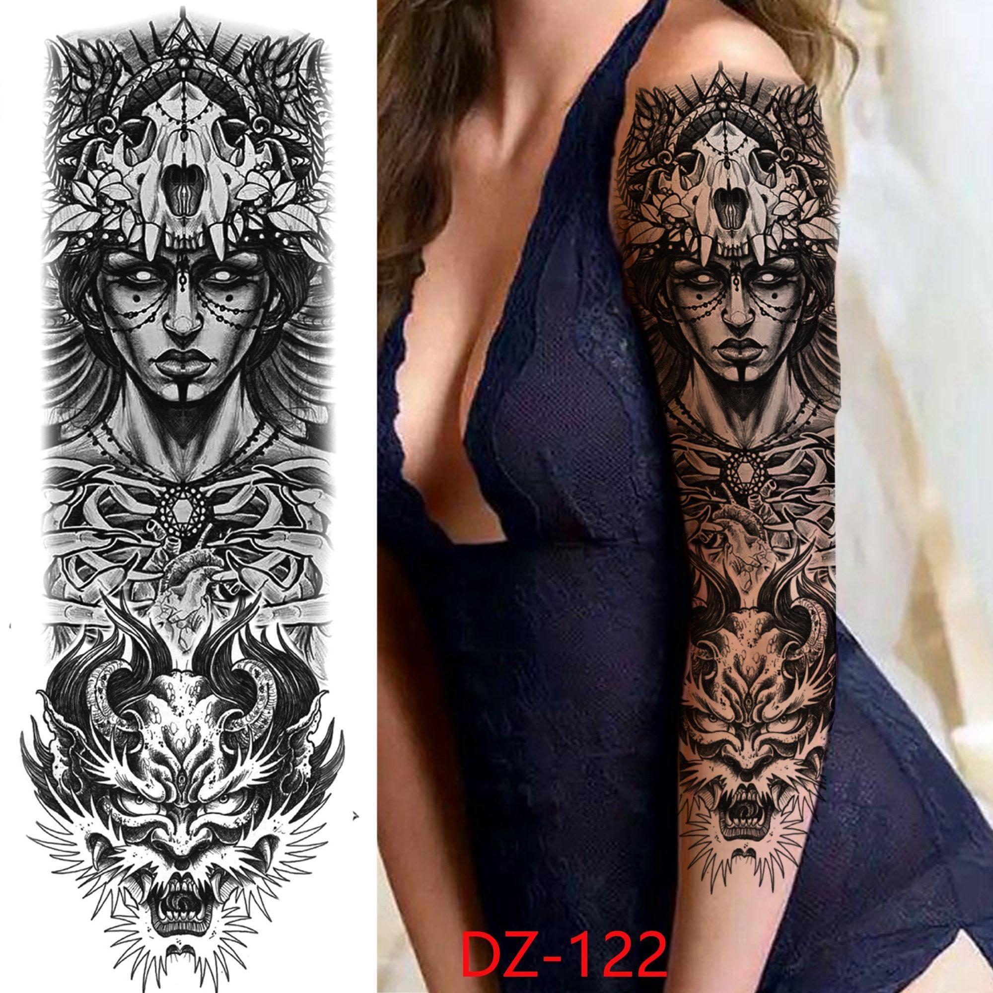 1 STÜCK 480*170 MM Temporäre Tattoo-Ärmel Für Männer Frauen Super Großer Kompass Wolfskopf Auge Gefälschte Löwengott Feder Tattoo Vollen Arm Tattoo Aufkleber DZ-122