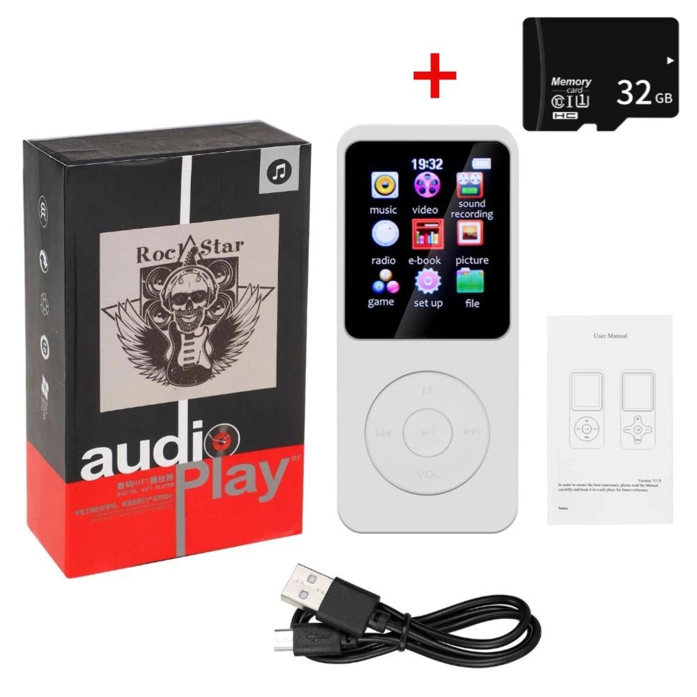 Mini-MP3-MP4-Player, FM-Radio, Bluetooth-kompatibel, 5.4-Stereo-Musik-Player, tragbarer Lautsprecher, unterstützt FM, TF-Karte, E-Book, Voice Recorder, eingebautes Mikrofon With 32G TF Card weiß