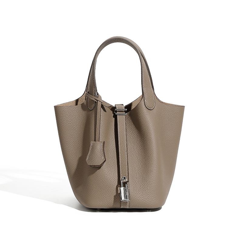 Damentasche aus echtem Leder, Gemüsekorb-Tasche, Modische Handtasche, Eimer-Tasche mit Litschi-Muster, Damen-Tasche One Size dunkelgraue