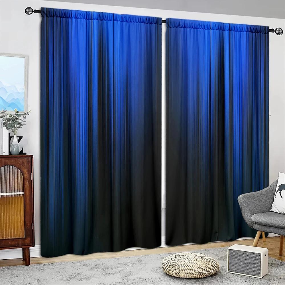 Blau-Schwarz-Farbverlauf Streifen Design Gedruckter Vorhang Heimdekoration Fensterbehandlung Schlafzimmer Büro Küche Vorhänge Set mit 2 Stück Hergestellt aus Polyester mit Stangentasche W100*H70(CM)-Rod Pocket&2PCS