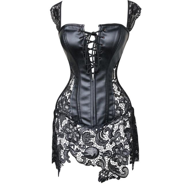Sexy Dessous Damen Leder & Spitze Burlesque Steampunk Korsett Kleid Taille Bustier Corpet Plus Size XXXL schwarz