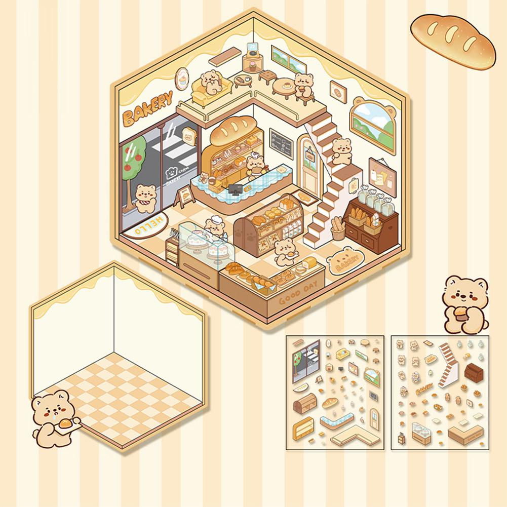 1Set Kreative 3D-Simulation Kabine Aufkleber Niedlichen Cartoon Handgemachte DIY Landschaftsbau Aufkleber Szene Stapeln Einfügen Aufkleber A