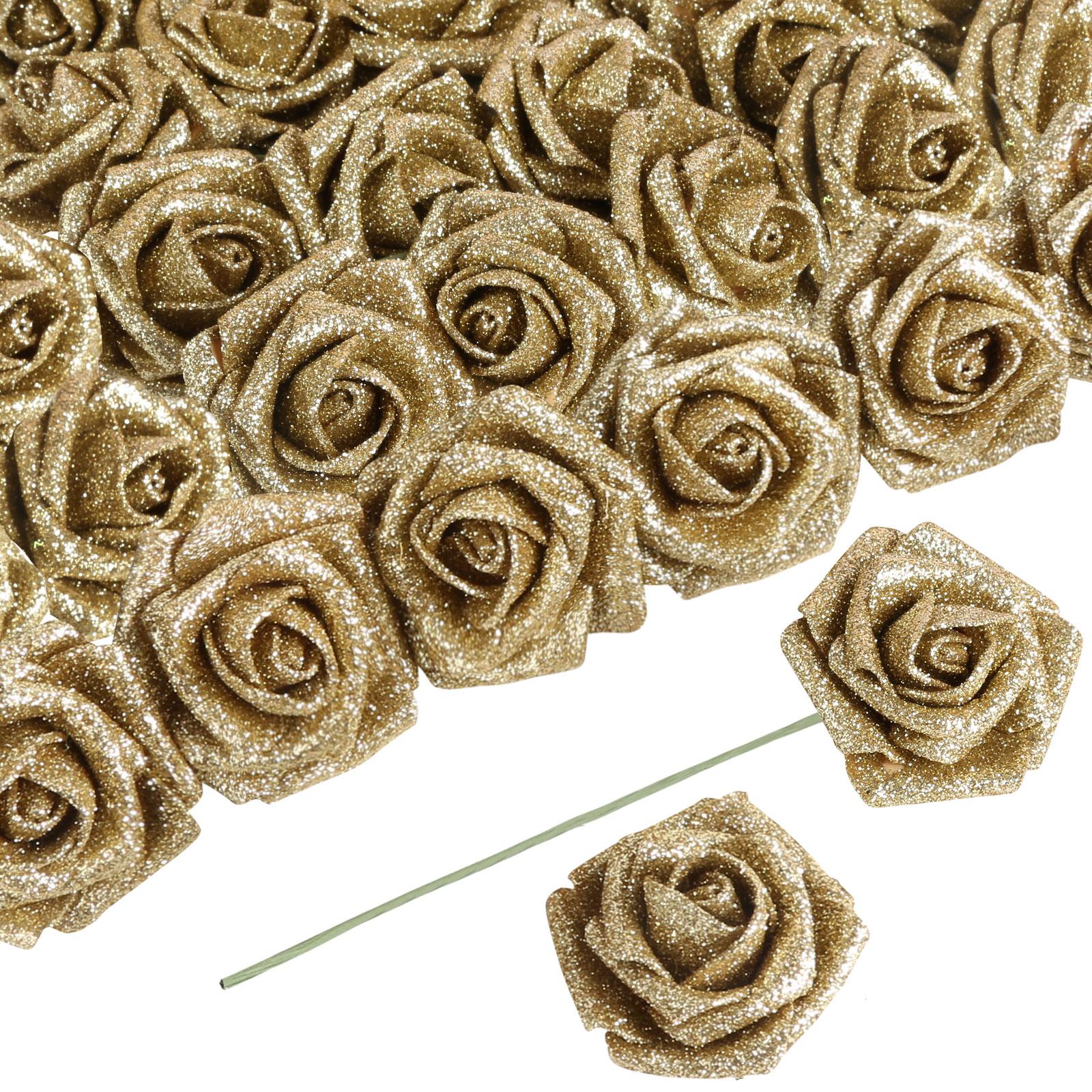 60 Stück Künstliche Blumen Goldene Rosen Künstliche Glitzerrosen Blumen 2,16 Zoll Schaumrosen Falsche Rosen mit Stiel für Hochzeitsfeier DIY Mittelstücke Dekoration 60 Pcs gold
