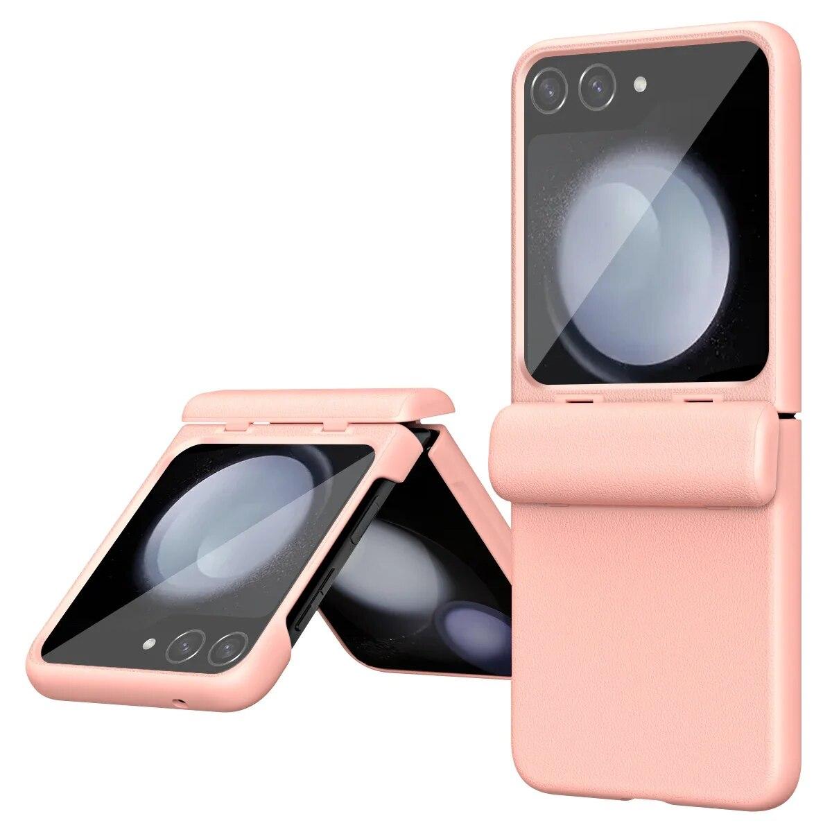Luxuriöse Lederstruktur-Scharnierschutzhülle für das Samsung Galaxy Z Flip 5 mit Glasfolienabdeckung auf der Vorderseite For Galaxy Z Flip 5 rosa