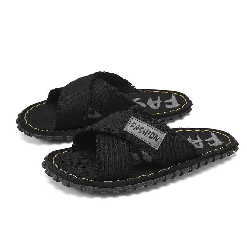 Sommer Herren Canvas Hausschuhe Stoff Zuhause Herren Hausschuhe Outdoor Gummi Flach Herren Sandalen Lässige Pantoletten Hausboden Hausschuhe 46 schwarz