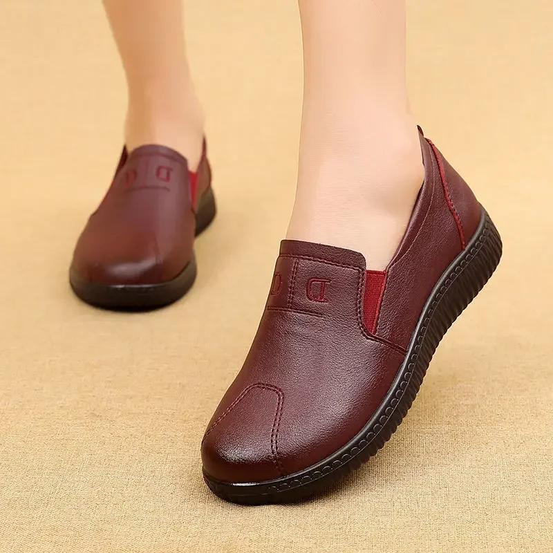 Frauen Echtes Leder Schuhe Frühling Herbst Braun Weibliche Casual Schuhe Schwarz Mama Damen Gemütliche Klassische Freizeit Loafer Schuhe 39 wein rot