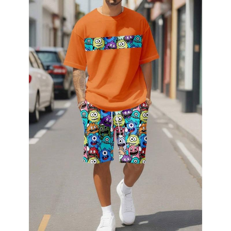 Einfacher Marmor-3D-Druck, lässiges Sommer-Oberteil und Shorts mit Rundhalsausschnitt für Herren, urbane Street-Fashion, Herrenanzug, alltäglicher, lässiger Komfort XL black