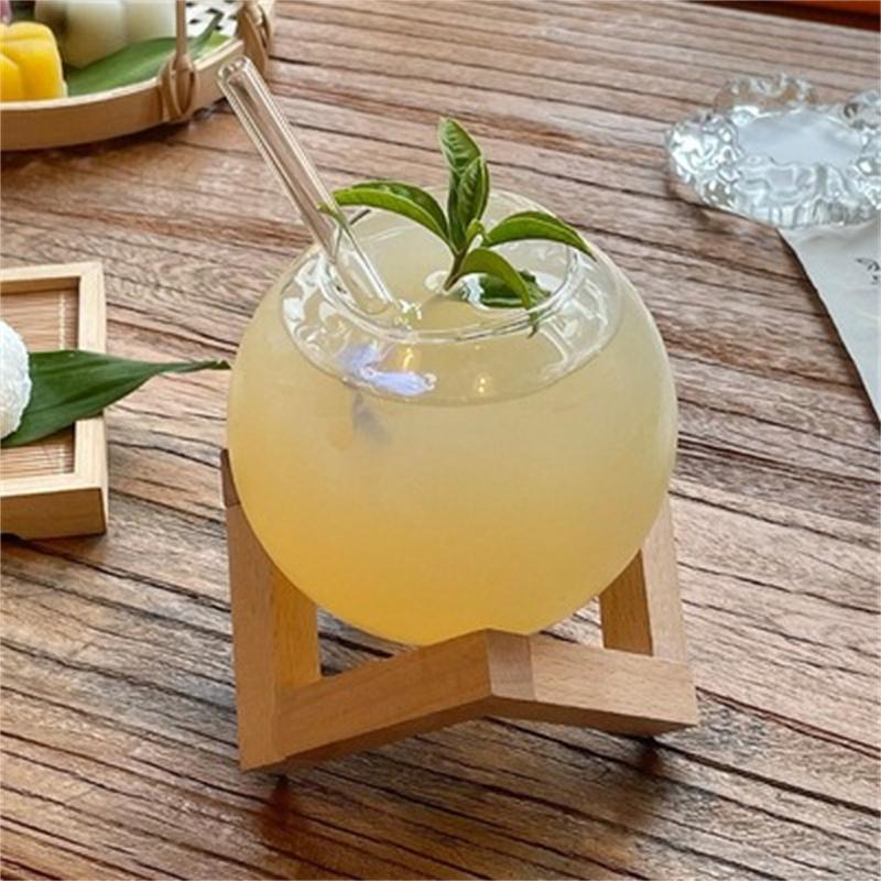 Kreativer runder Glasbecher mit Holzständer, Strohhalm, Wein-Cocktailglas, transparenter Mondball, Becher für kalte Getränke, Saft 475ml beige