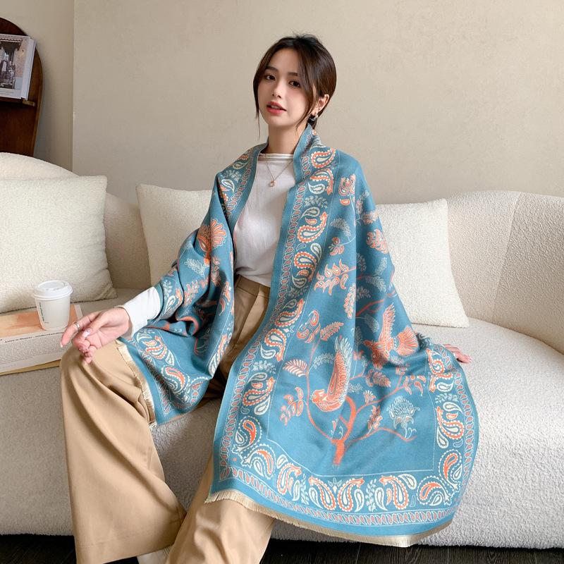 Leichter Luxus High-End Klimaanlagen-Schal mit Damen-Imitationskaschmir-Jacquard-Schal, vielseitiger Fransen-Warmschal 190 blau