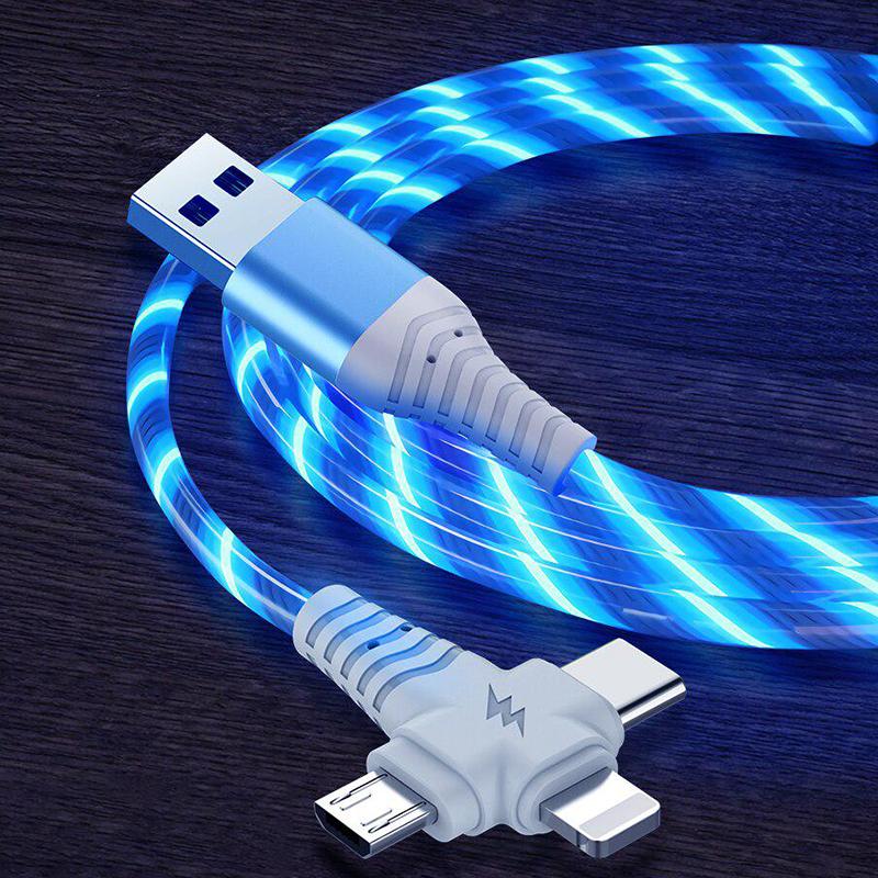VAORLO 3-in-1 leuchtendes Ladekabel, 2,1 A, schneller Ladefluss, leuchtende Beleuchtung, USB-Kabel für Samsung iPhone XiaoMi HuaWei blau