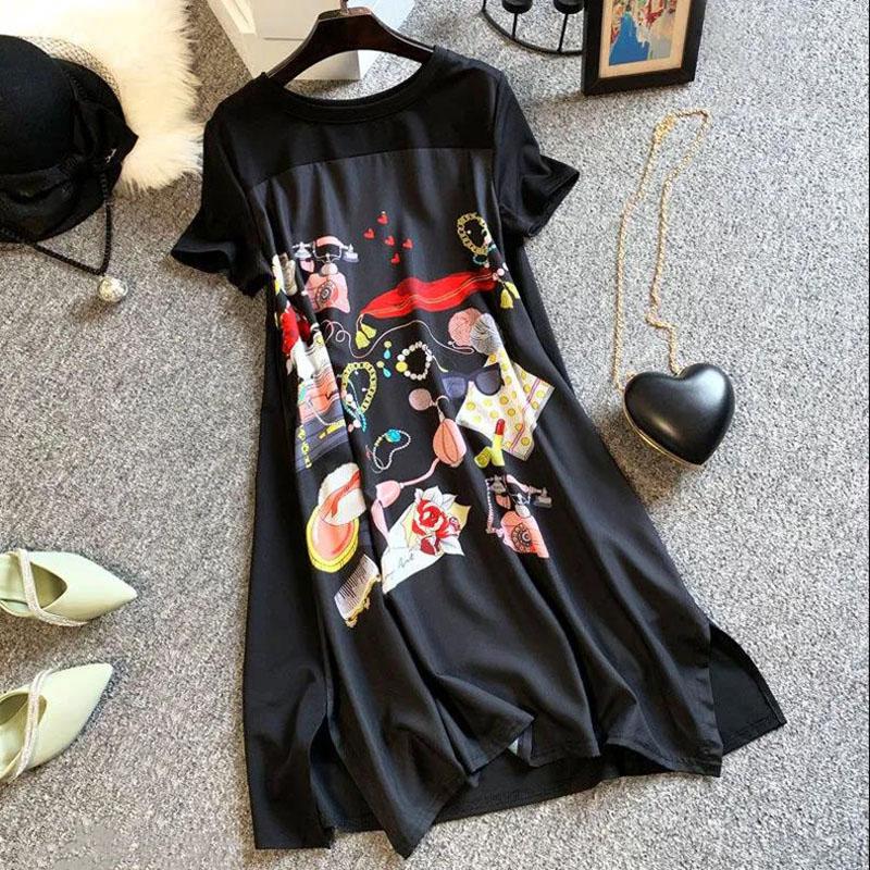 Damen-Kleid in Übergröße, lockeres A-Linien-Kleid, schwarzes langes T-Shirt-Kleid, seidig und bequem XXXXXL schwarz