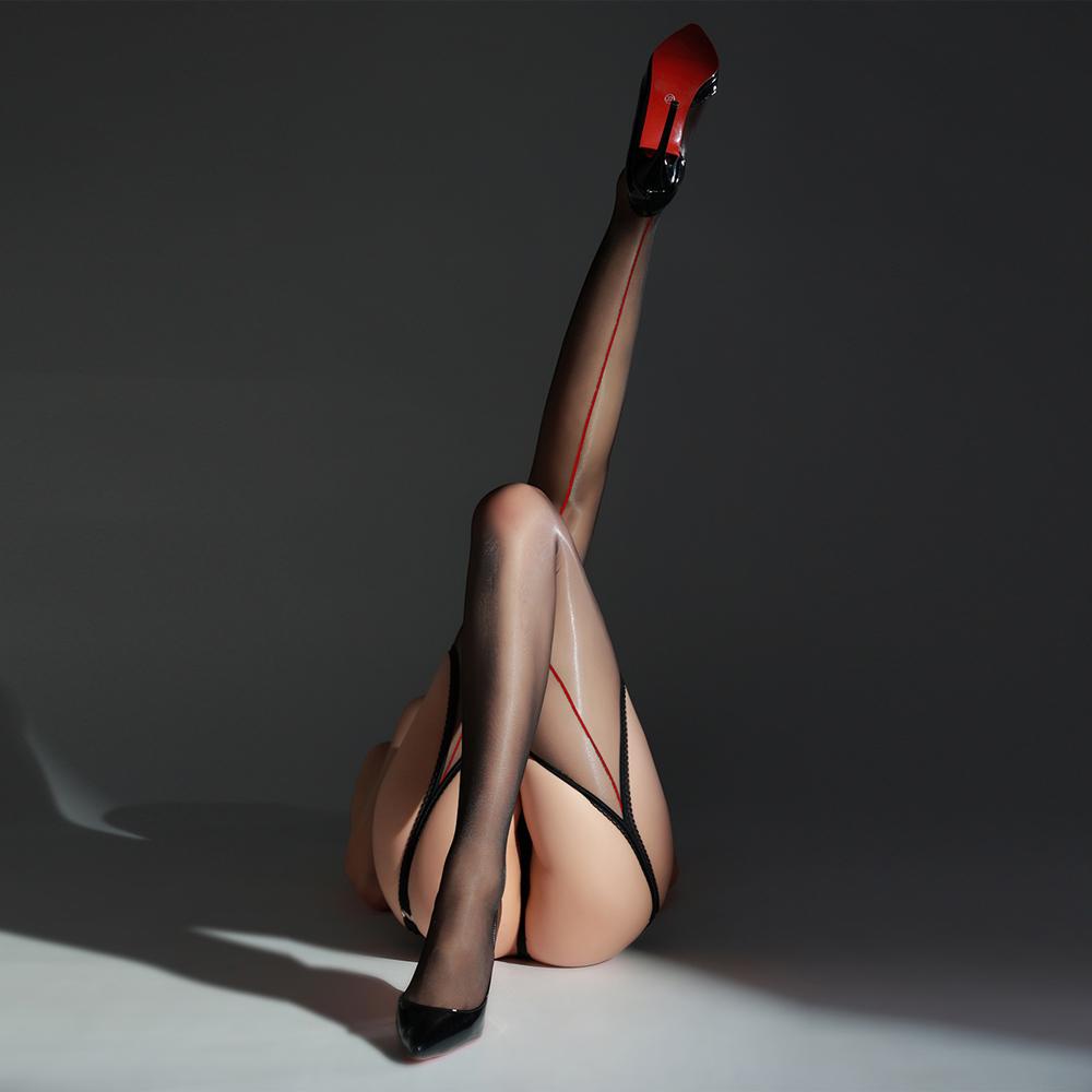 Sexy Damen Strumpfhose mit offenem Schritt Durchsichtig Ölglänzend Glänzend Gestreift Dienstmädchen Strumpfhose Garnelennaht Strumpfhose Ausgeschnitten One Size
