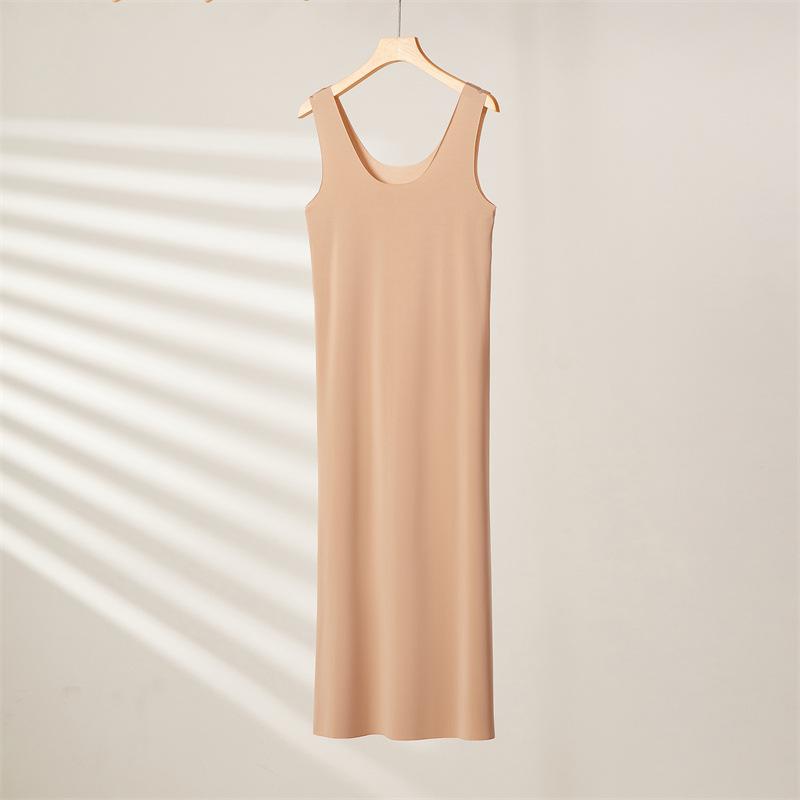 Übergröße Nahtlose Unterkleider Kleider für Damen Sommer Eis Seide Kühl Unterrock Unterrock Ärmellos Unterwäsche Unterkleider Kleid M-5XL XXL beige