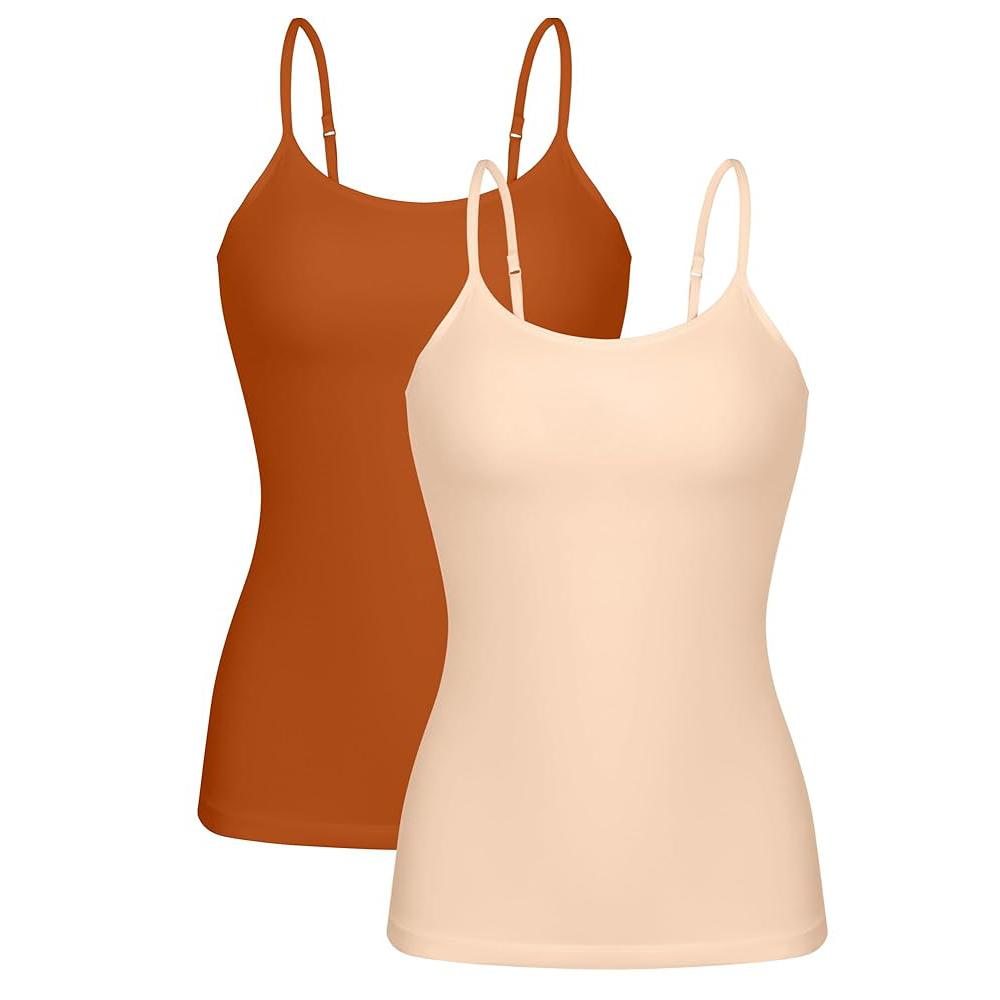 Charmleaks Damen-Unterhemd aus Baumwolle, Damenunterwäsche, Nachtwäsche, Unterwäsche, Hebe-BH, solides Basic-Tanktop, 2er-Pack L braun/beige