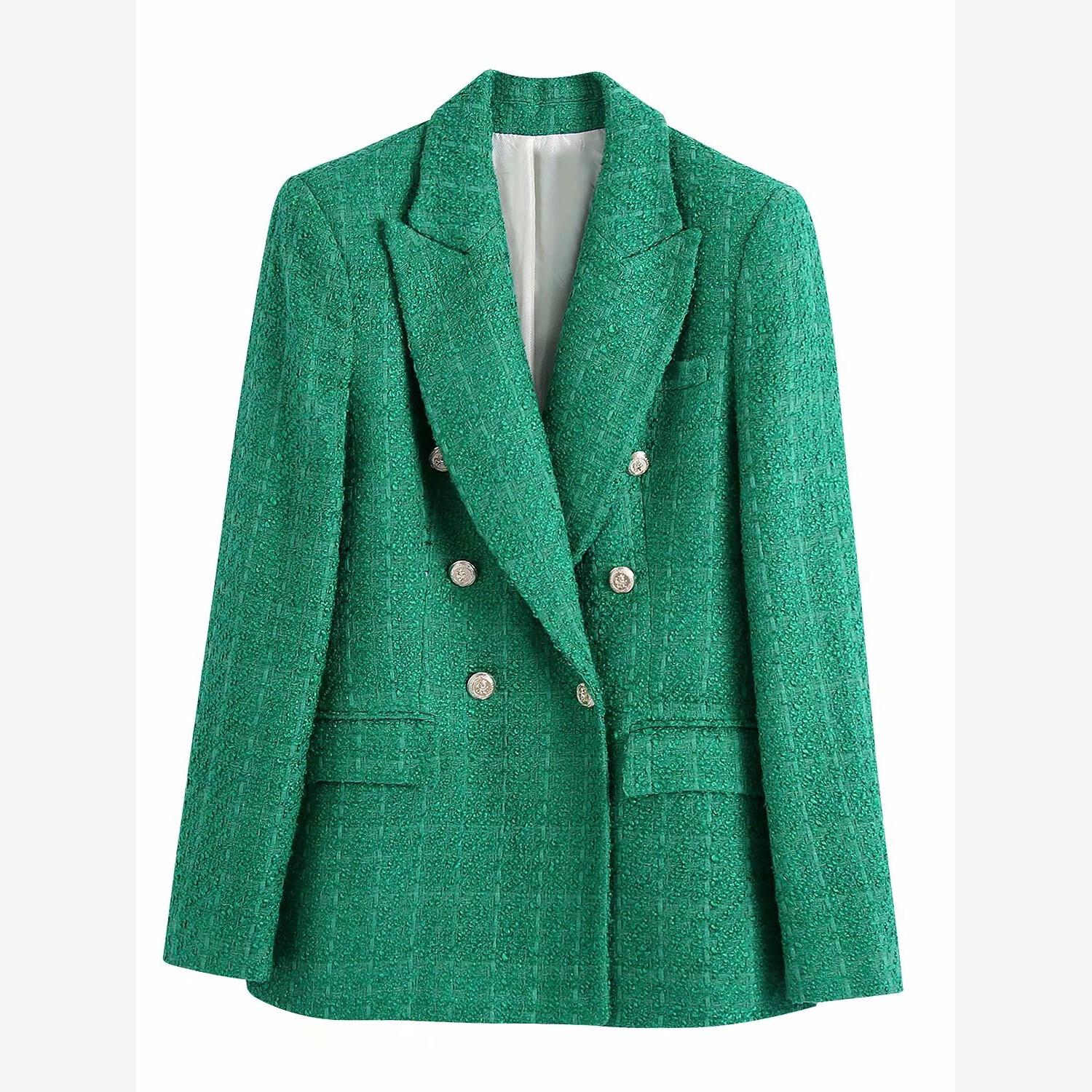 Damen-Blazer, Frühlingsmode, lässig, High Street, zweireihig, Tweed, Büro-Blazer L grün