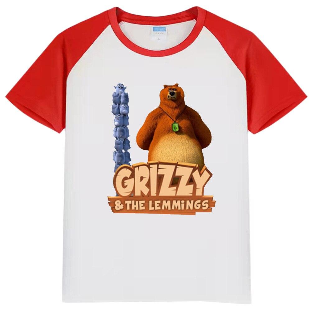 Grizzy Bear Cute Lemmings Cartoon Print Lustiges Kinder T-Shirt 100% Baumwolle Sommer Kinderkleidung Jungen Mädchen O-Ausschnitt T-Shirts 130 rot