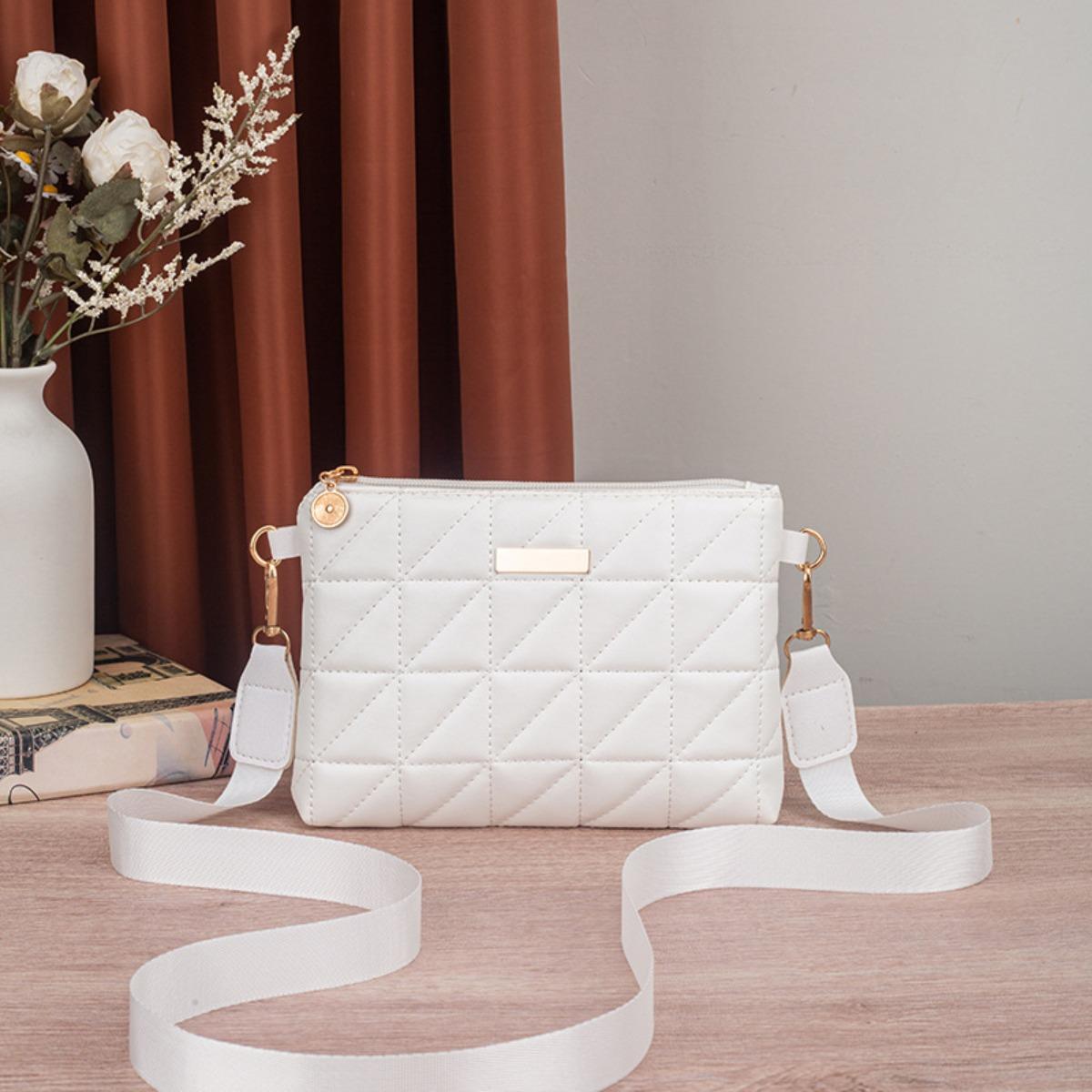 Damen, Patchwork-Karomuster, Umhängetasche, Abnehmbarer Schultergurt, Reißverschluss, Tägliche Handtasche, Kompakte Handtasche, Essentiell für den täglichen Gebrauch weiß