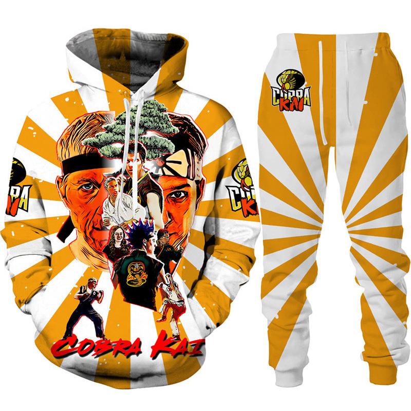 Lustiger Cobra Kai 3D-Druck-Trainingsanzug für Herren, cooler Hoodie/Hosen/Anzug Hip Hop 2022, modisches Langarm-Jogging-Sportbekleidungs-Athletik-Set S beige