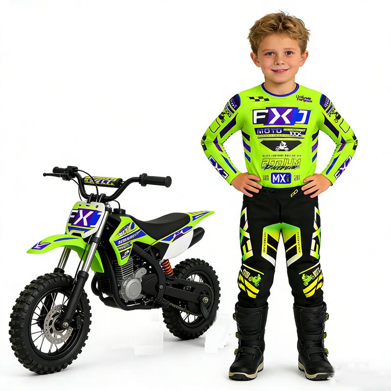 Motocross Kinder Set Motorrad Trikot und Hose Kinderkleidung großer Junge Mädchen Jugend MX Ausrüstungsset Personalisierte Nummer Name Rennanzug YS-20 (15-19KG) grün