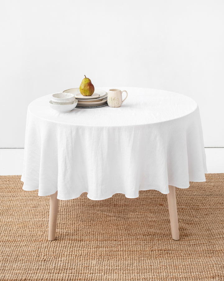 100% Reines Leinen Einfarbig Runde Tischdecke, Tischdecke aus Naturstoff, Für Küche Esszimmer Party Feiertag Tischdekoration Diameter 90cm weiß