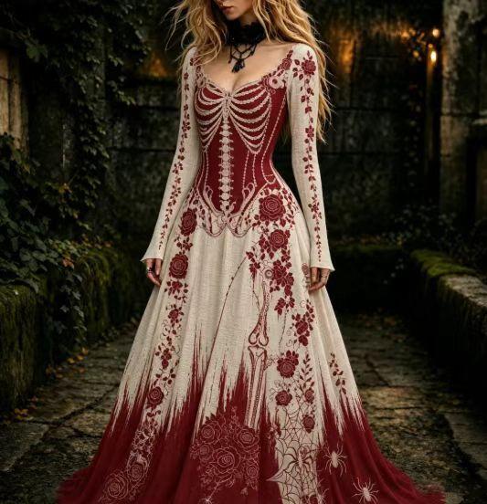 Damen Vintage Gothic Schädel und Rose Farbverlauf Muster Kleid Farbverlauf Muster Langes Halloween Kleid M brown