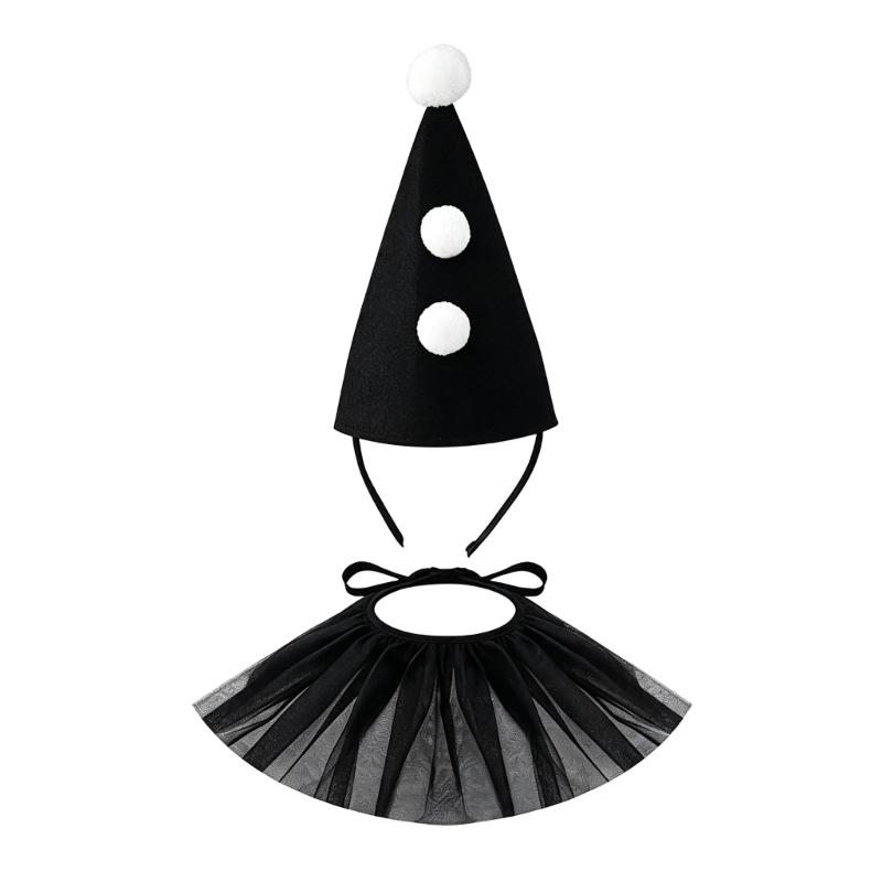 Halloween Clown Cosplay Kostüm Set mit Spitzhut Stirnband und Rüschenkragen Dekoration Zubehör für Party Kostümierung und Foto Wear schwarz
