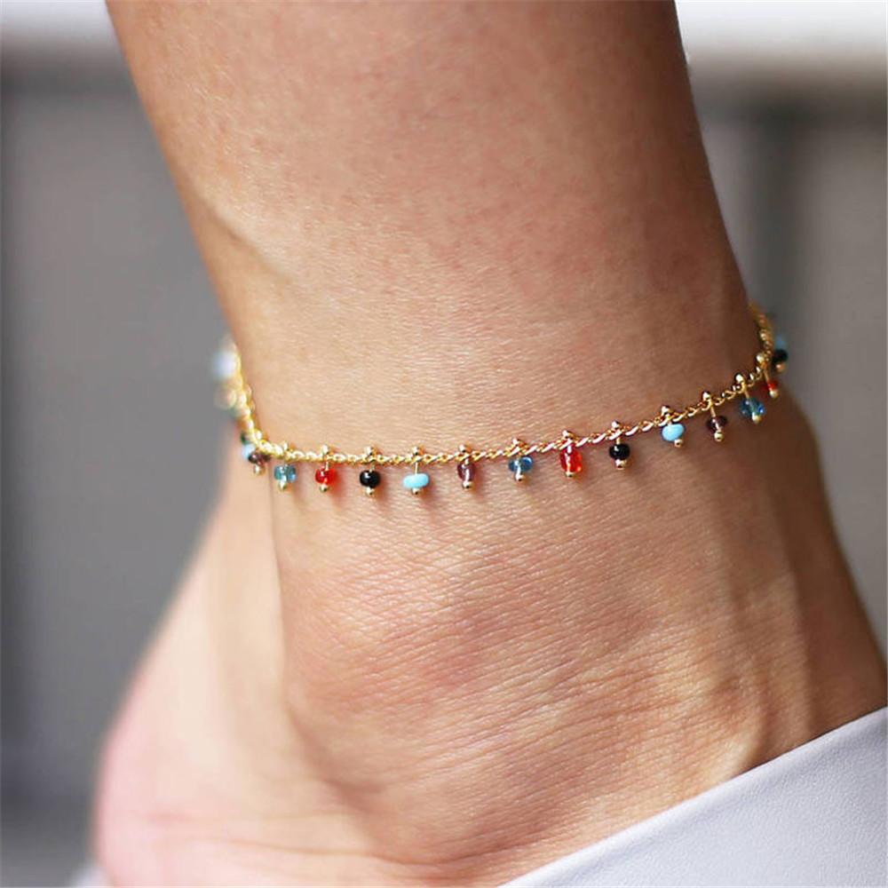 Modisches Neues Fußkettchen mit Kette, Doppel-Fuß, farbige Reiskornperlen, Quasten-Anhänger, Fußschmuck für Damen, Charm-Accessoires, Strandschmuck beige