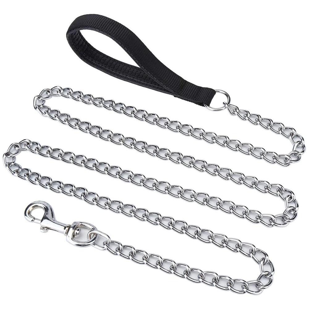 Kausichere Hundeleine für mittelgroße bis große Hunde, hochbelastbare Metallketten-Hundeleine mit weich gepolstertem Griff, Anti-Biss-Kette für Pitbull L 4.0mm x 120cm schwarz