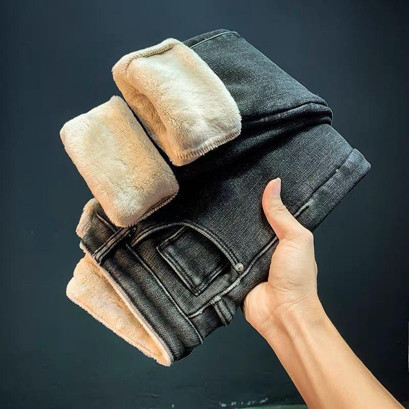 Winter Warme Fleecegefütterte Bleistiftjeans Damen Stretch Hohe Taille Leggings Vaqueros Schnee-Bekleidung Lässig Vintage Verdicken Denimhosen 32