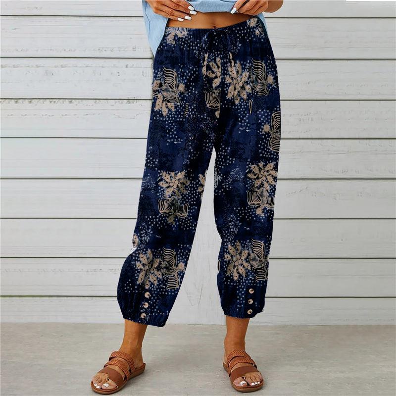 Sommer frauen Hosen Baumwolle Leinen Hohe Taille Kordelzug Neun-viertel Hosen Elastische Taille Bundle Fuß Mund Retro Druck hosen S navy blau
