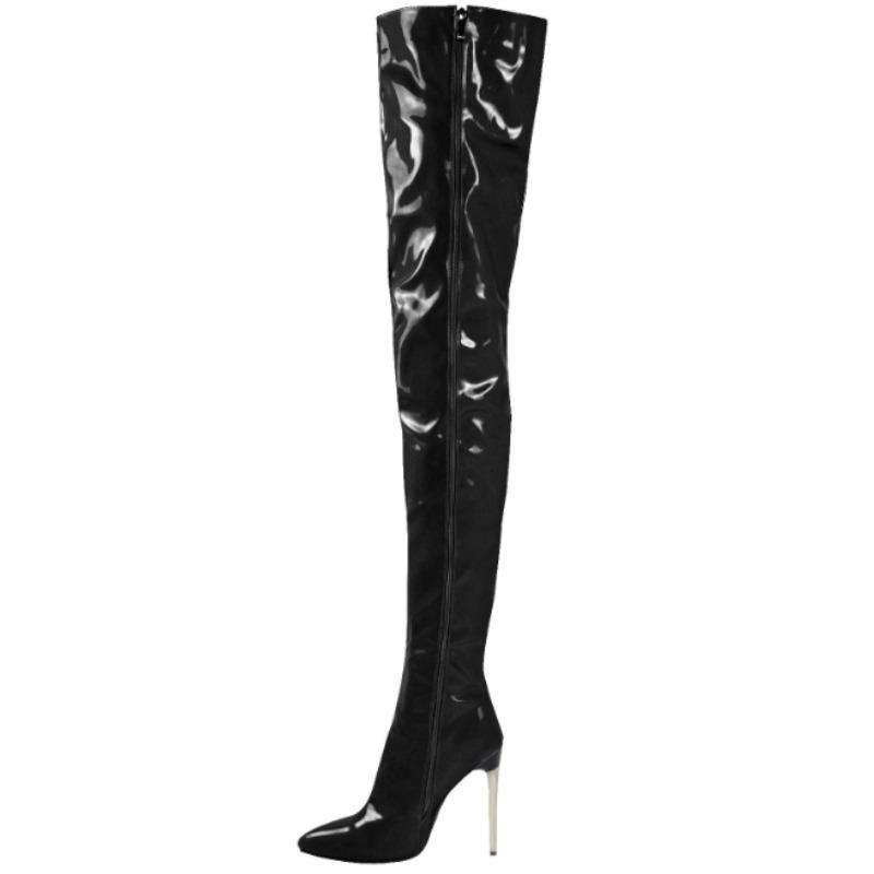 Mode Neu Sexy Mode Lackleder Damen Overknee Stiefel Schwarz Weiß Lange Stiefel Damen Spitzschuh Klassische High Heels Schuhe Groß 38 schwarz