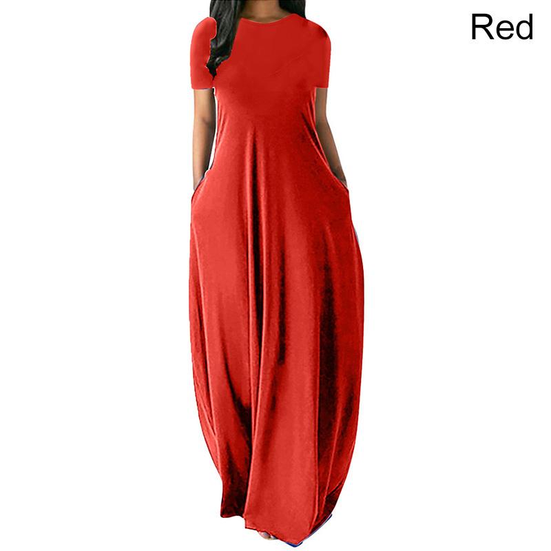 Frauen Casual Lose O-ansatz Lange Kleider Kurzarm Sommer Strand Kleid Elegante Abend Party Kleid M rot